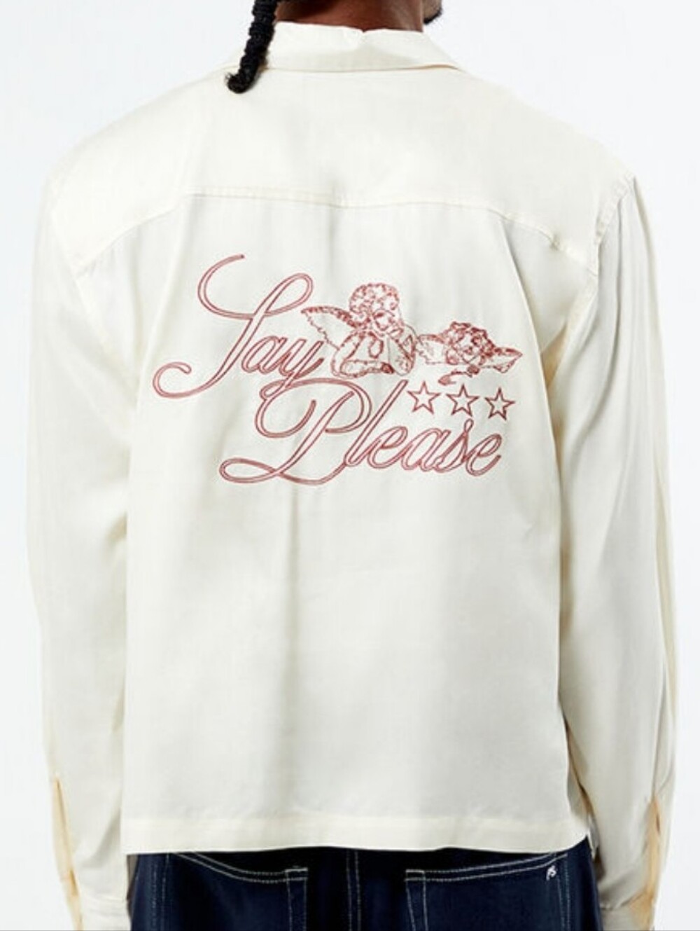 Say please angel embroidered cropped camp shirt Sz M NWOT